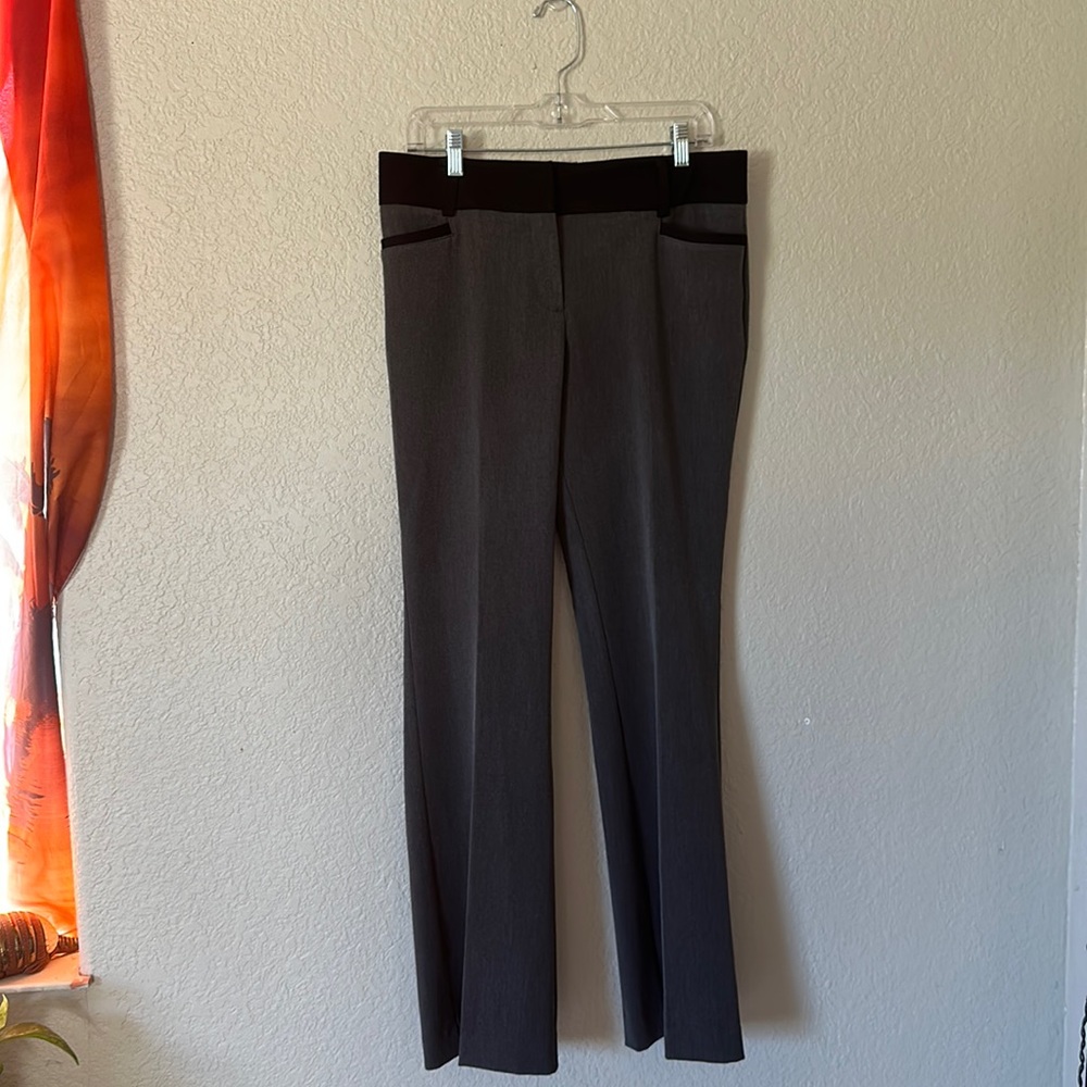 New York & Company Gray Straight-Leg Trousers with Black Waistband